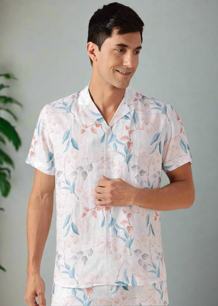 Bora Shirt - Pure Linen Printed Short Sleeve Shirt - White
