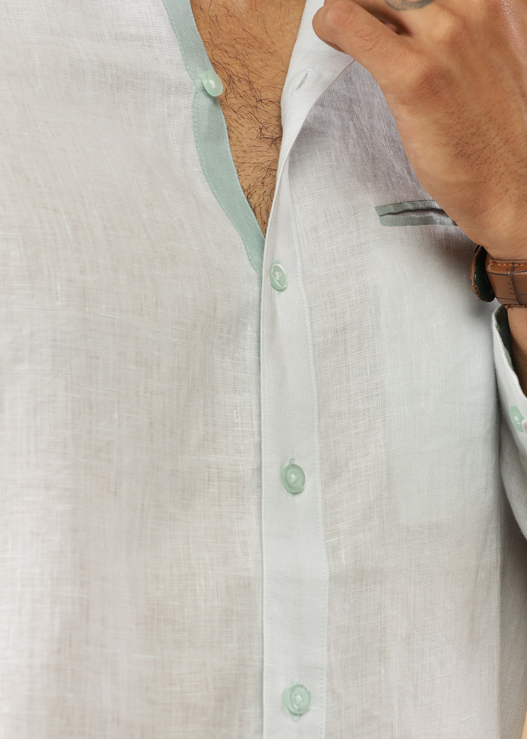 Hanks - Trim Detailed Pure Linen Full Sleeve Shirt - Light Blue