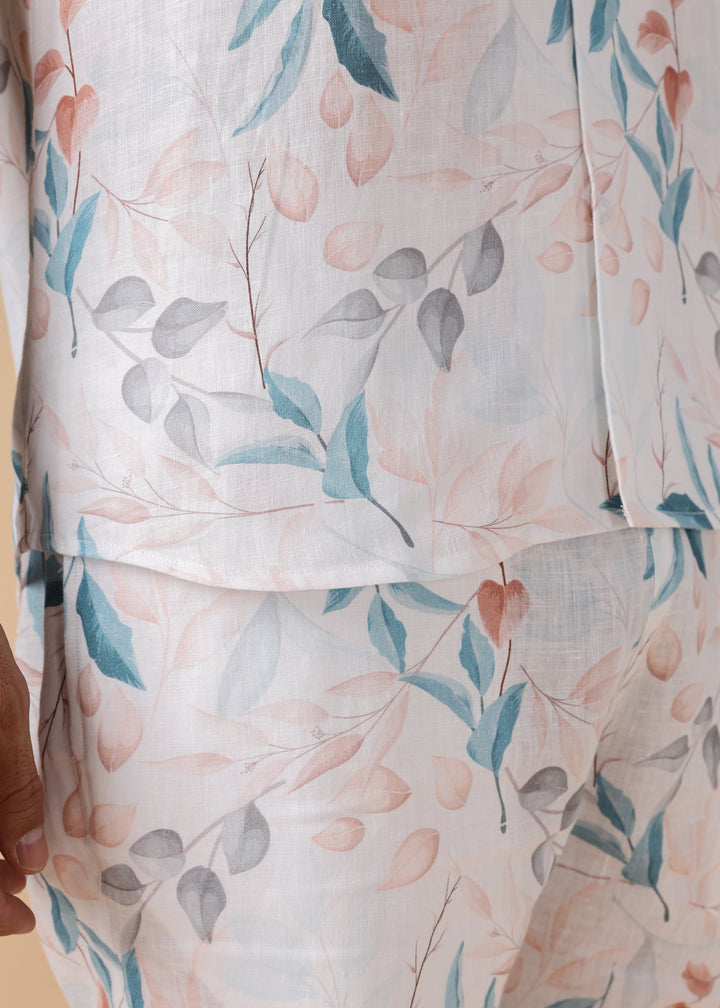 Bora Shirt - Pure Linen Printed Short Sleeve Shirt - White