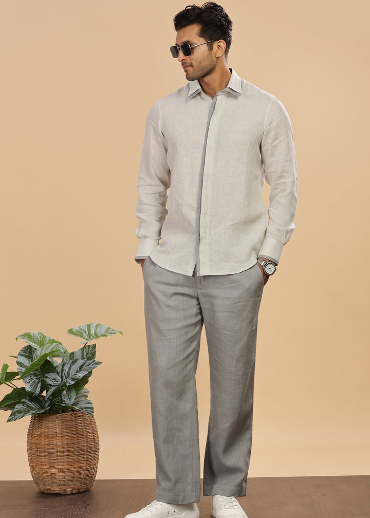 Oscar - Pure Linen Full Sleeve Shirt with Stylized Placket and Collar - Light Grey (Factory Rescue)