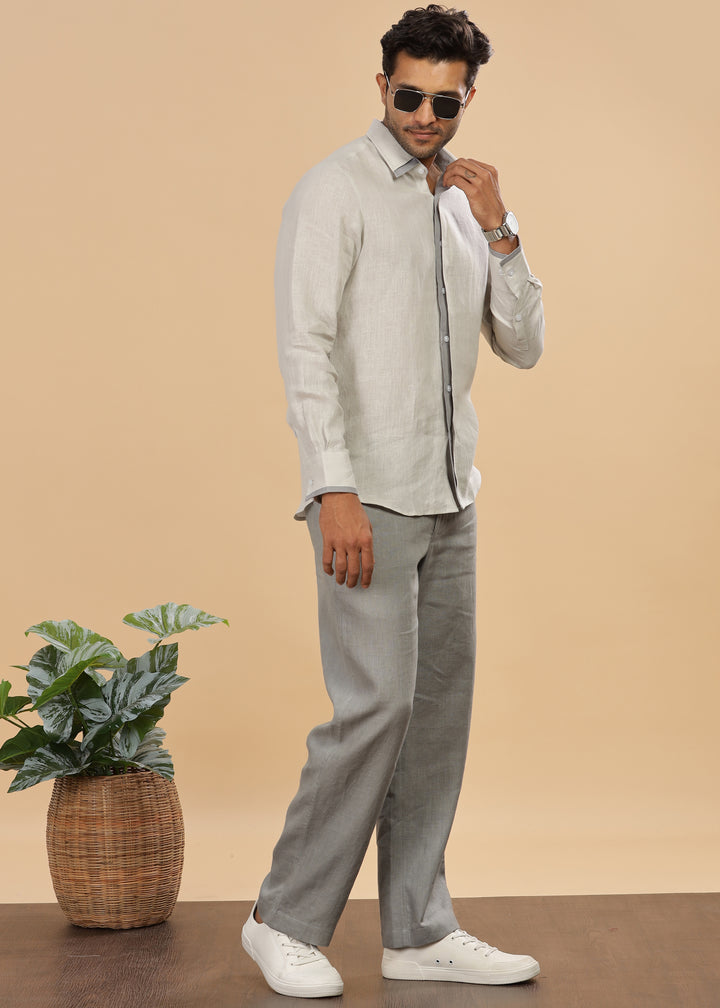 Oscar - Pure Linen Full Sleeve Shirt with Stylized Placket and Collar - Light Grey (Factory Rescue)