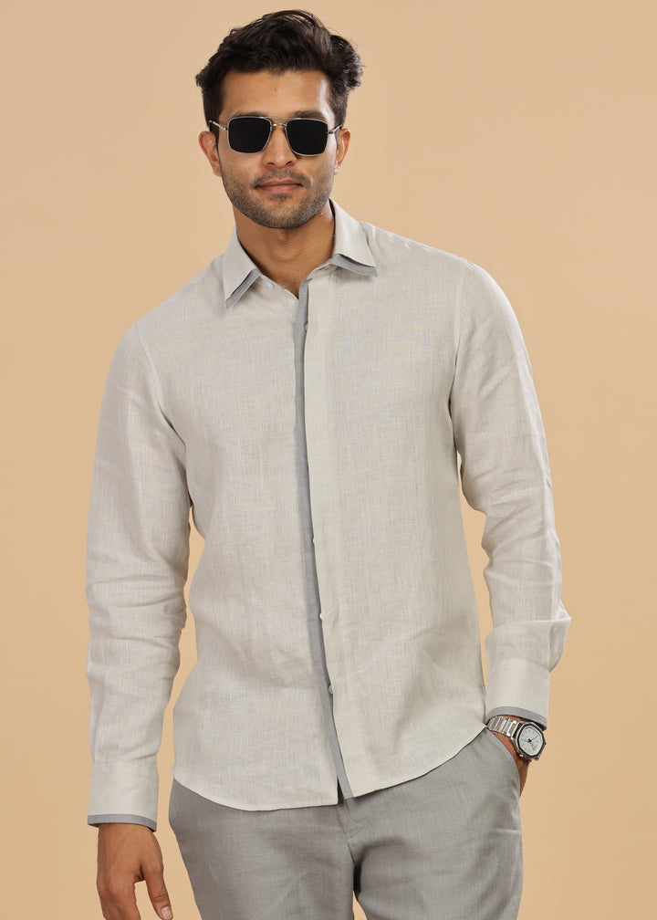 Oscar - Pure Linen Full Sleeve Shirt with Stylized Placket and Collar - Light Grey (Factory Rescue)
