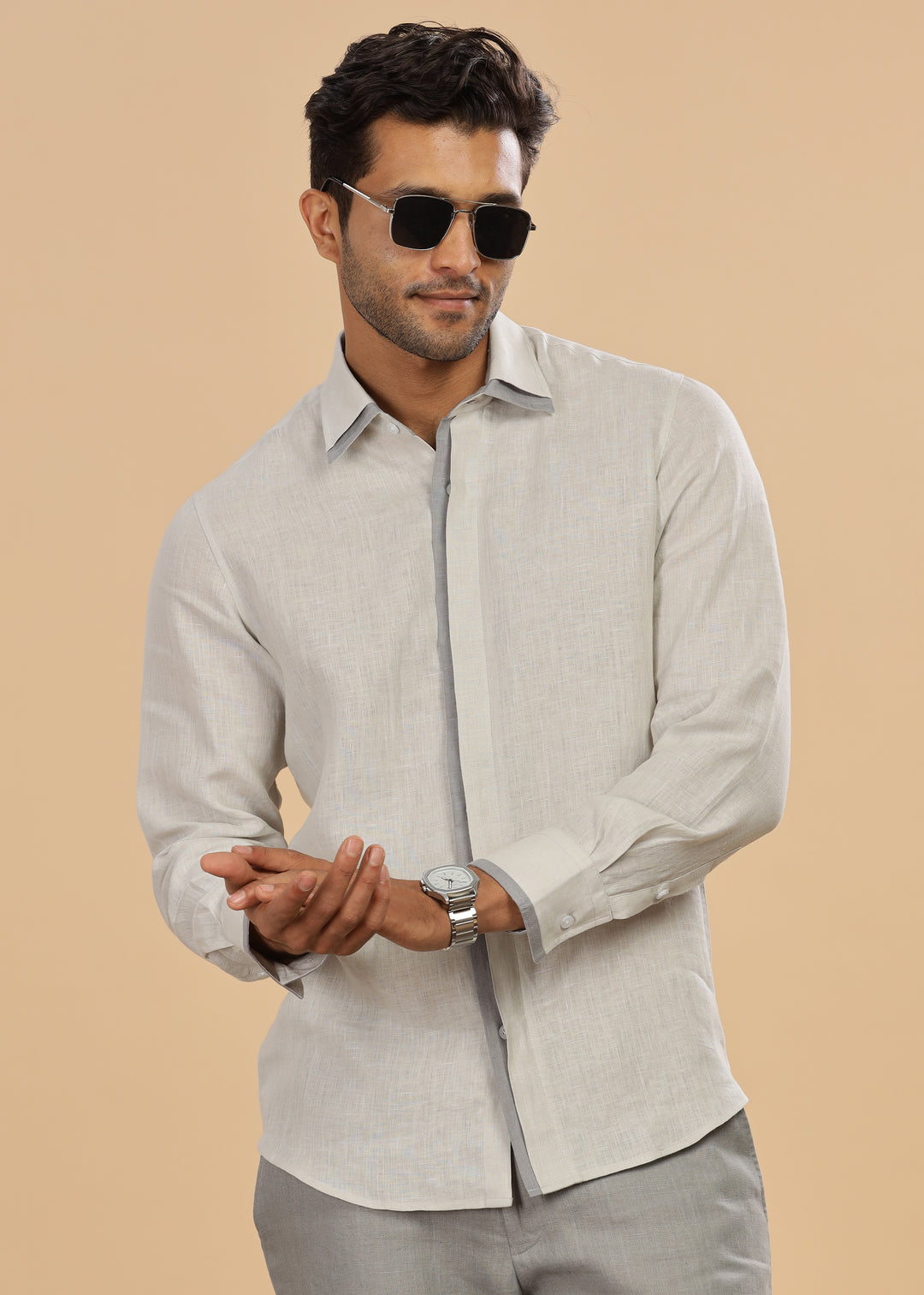 Oscar - Pure Linen Full Sleeve Shirt with Stylized Placket and Collar - Light Grey (Factory Rescue)
