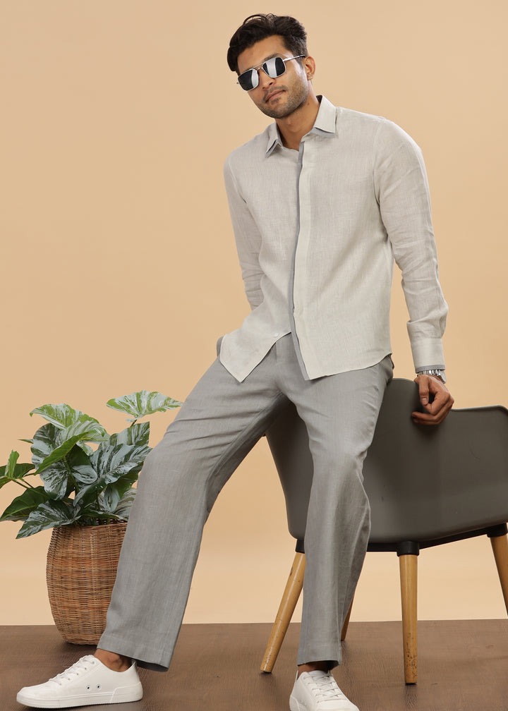 Oscar - Pure Linen Full Sleeve Shirt with Stylized Placket and Collar - Light Grey (Factory Rescue)