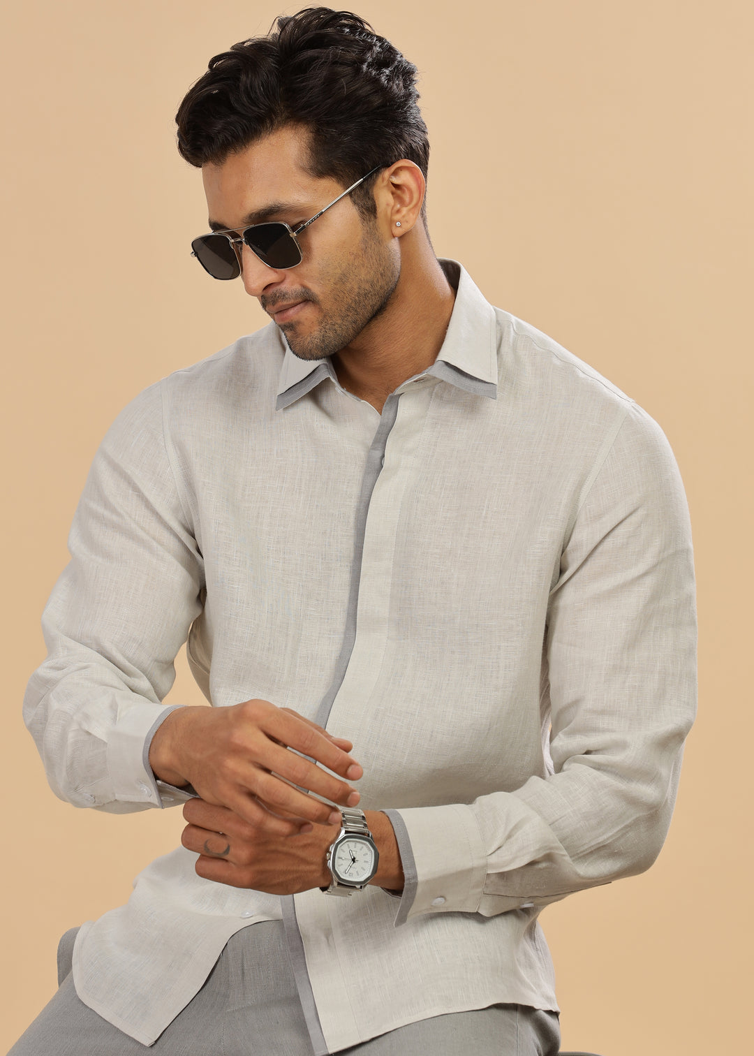 Oscar - Pure Linen Full Sleeve Shirt with Stylized Placket and Collar - Light Grey (Factory Rescue)