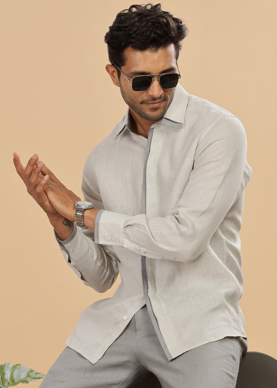 Oscar - Pure Linen Full Sleeve Shirt with Stylized Placket and Collar - Light Grey (Factory Rescue)