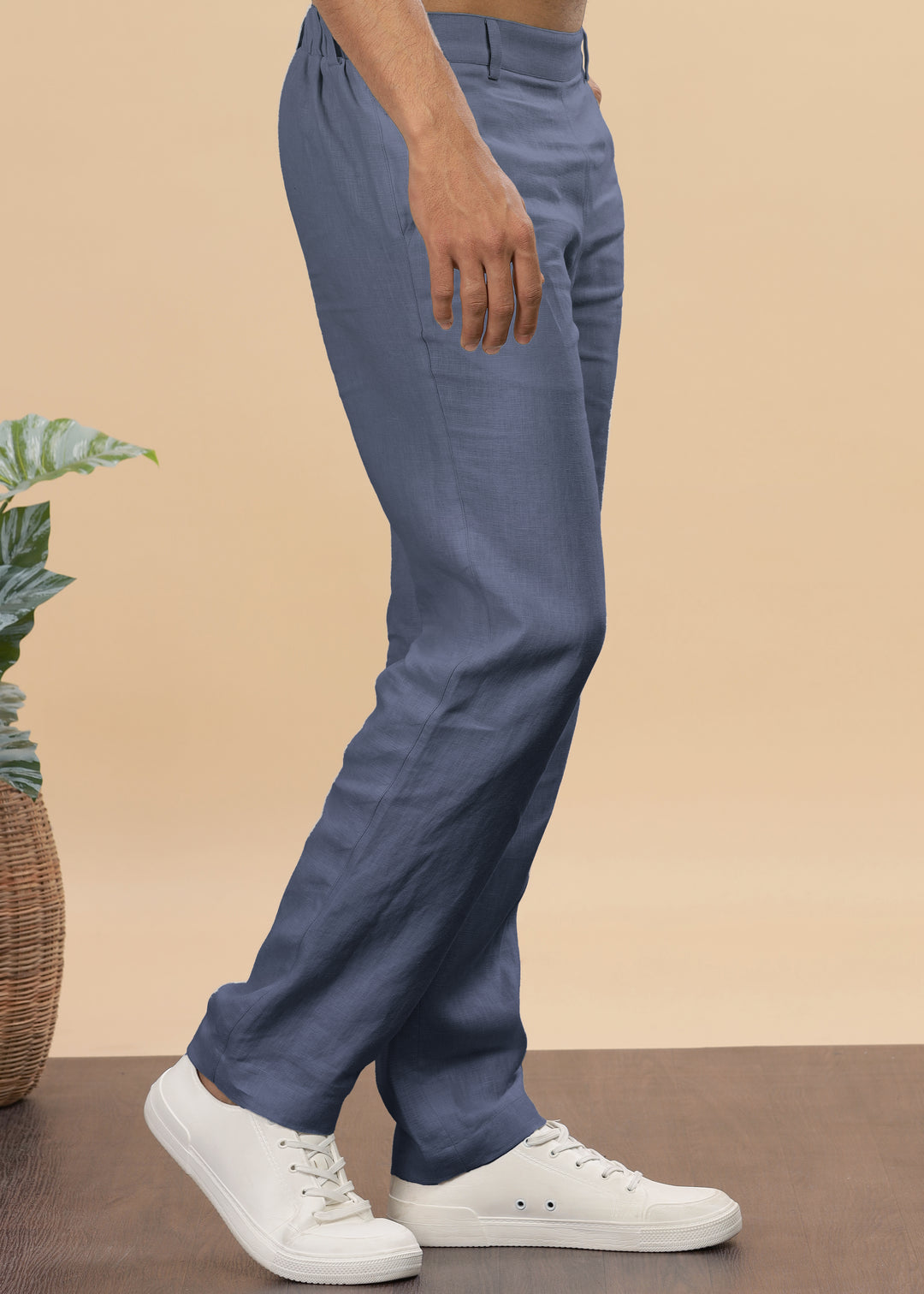 Zen Relaxed Elastic Pure Linen Trousers - Dark Blue Grey