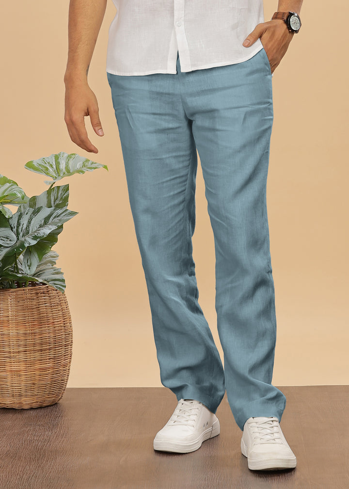 Zen Relaxed Elastic Pure Linen Trousers - Light Blue Grey