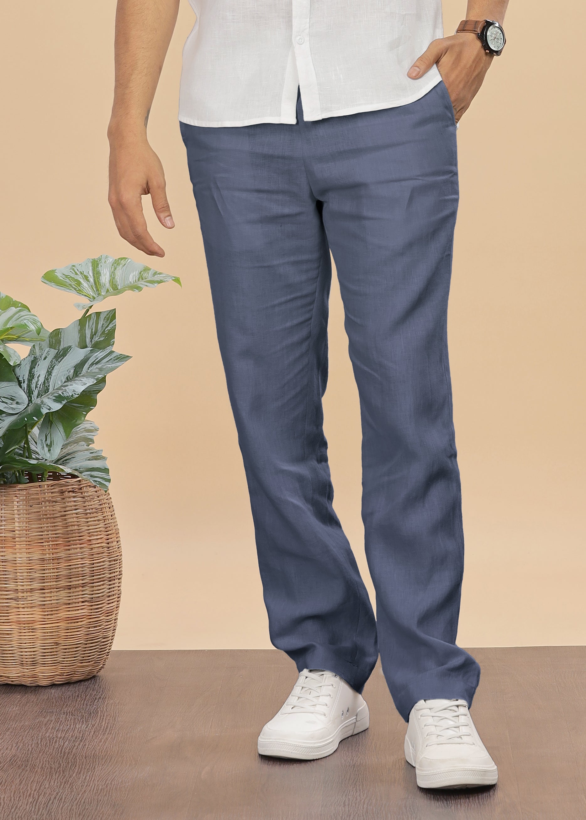Dark Blue Grey Relaxed Fit Pure Linen Trousers with Back Elastic