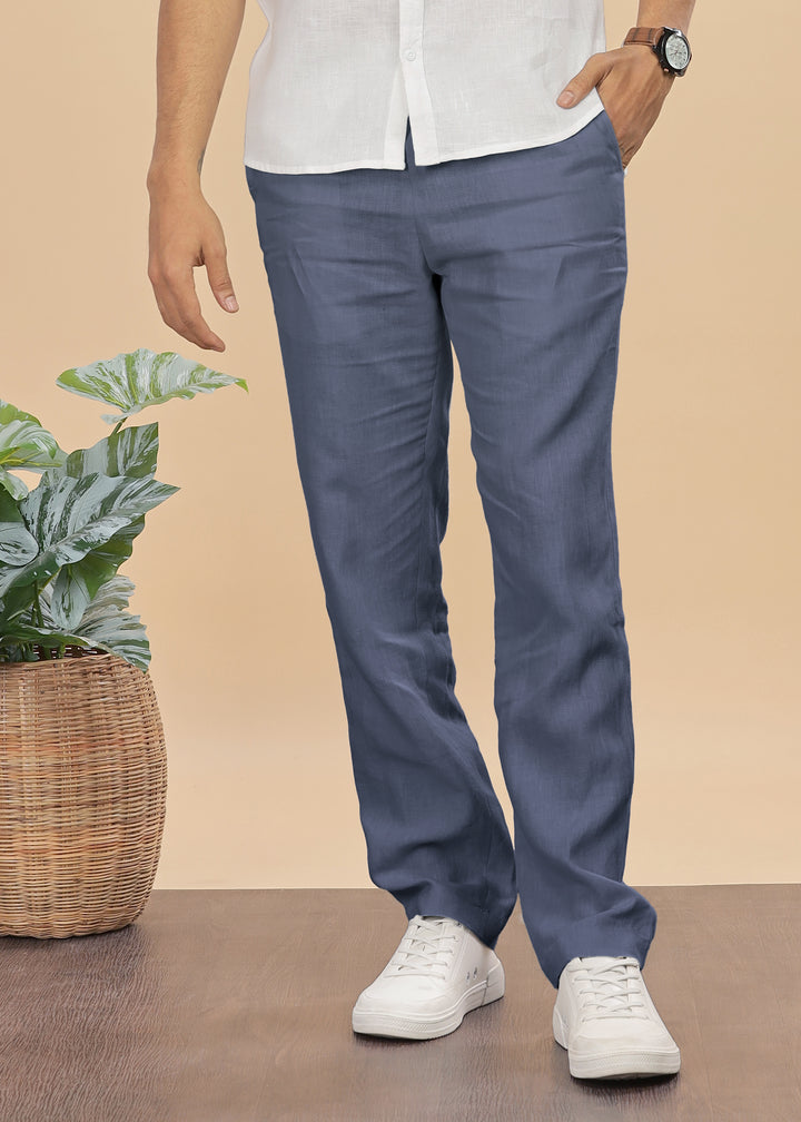 Zen Relaxed Elastic Pure Linen Trousers - Dark Blue Grey