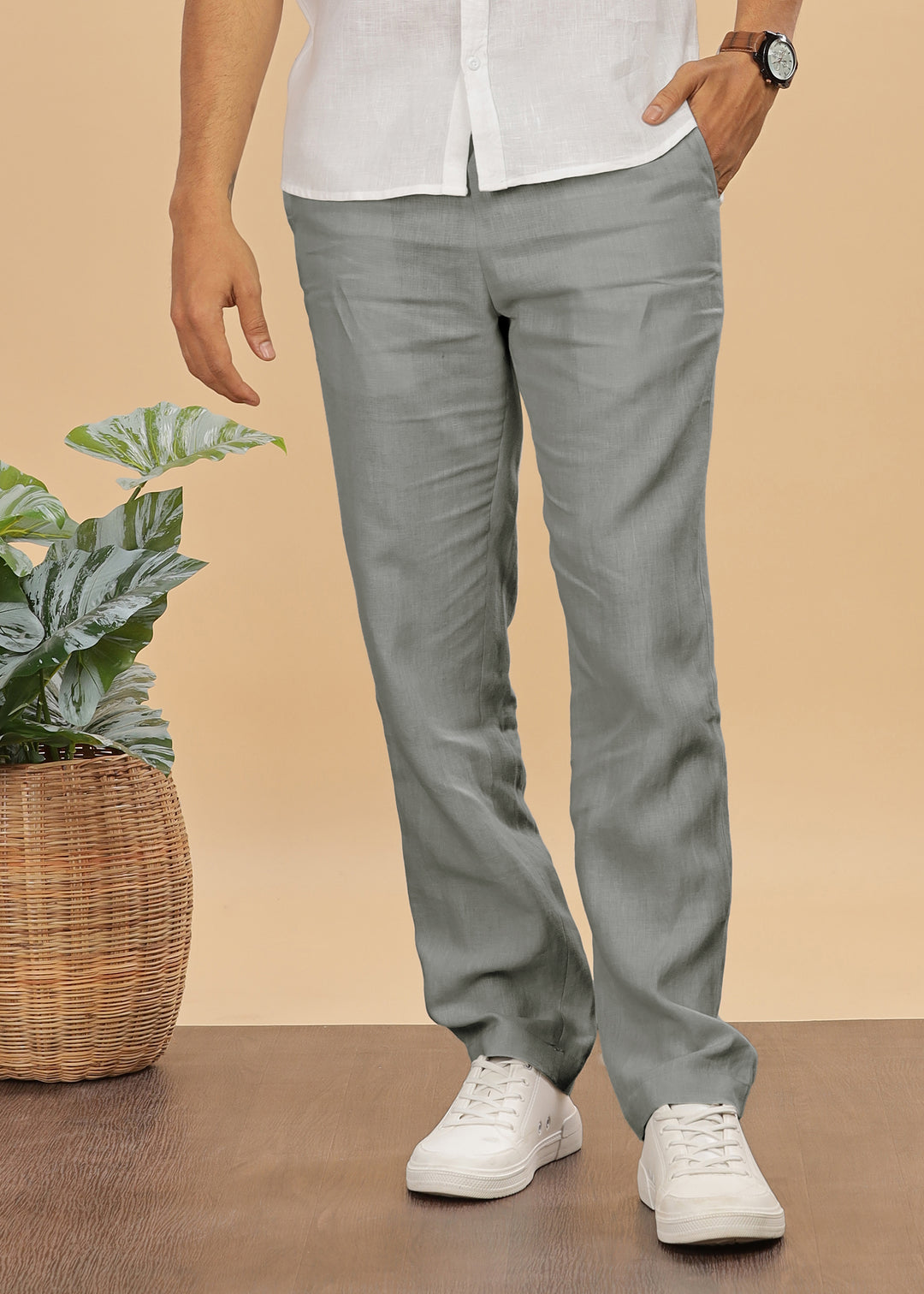 Zen Relaxed Elastic Pure Linen Trousers - Ash Grey