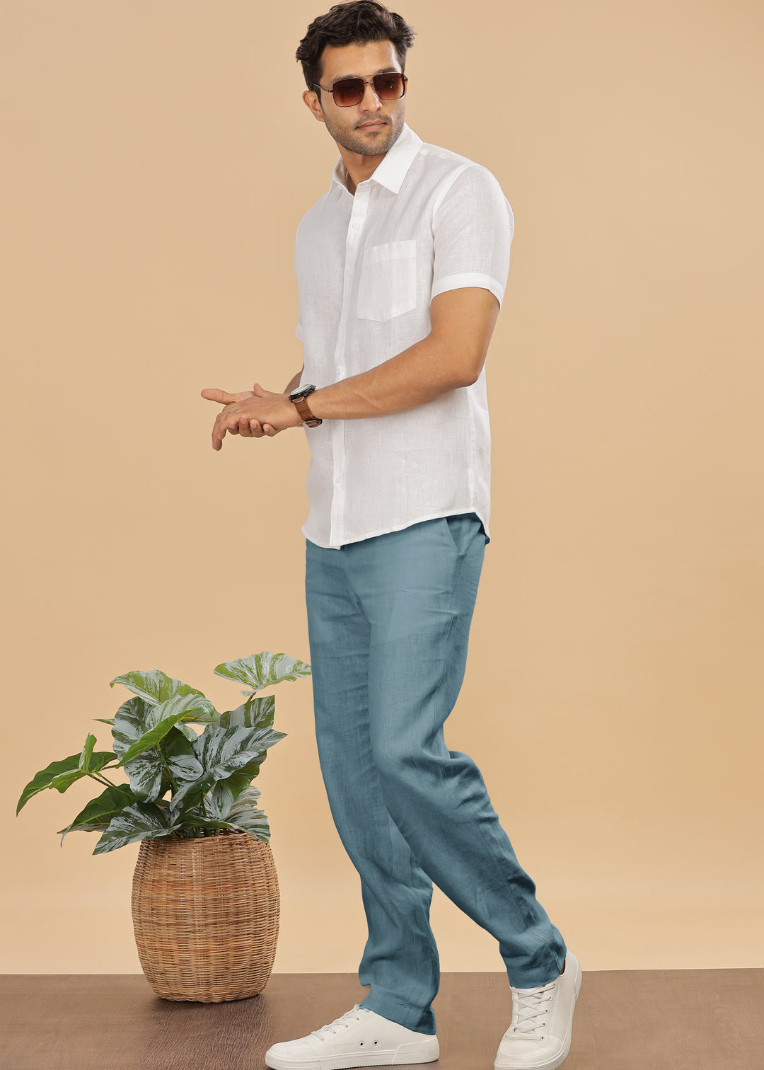 Zen Relaxed Elastic Pure Linen Trousers - Light Blue Grey