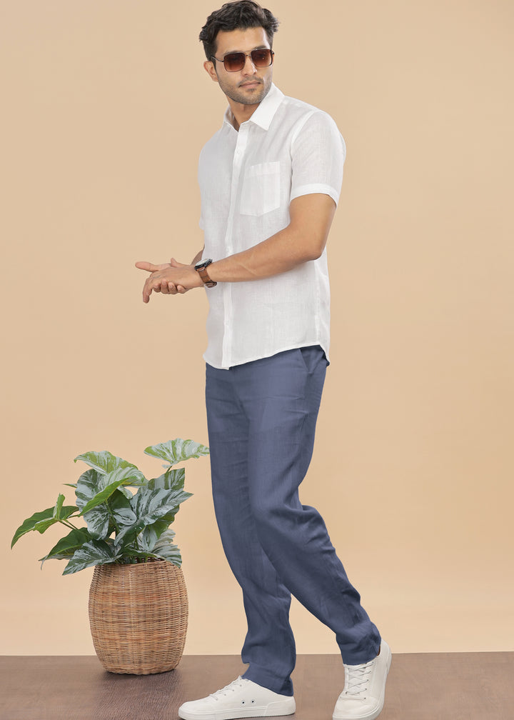 Zen Relaxed Elastic Pure Linen Trousers - Dark Blue Grey