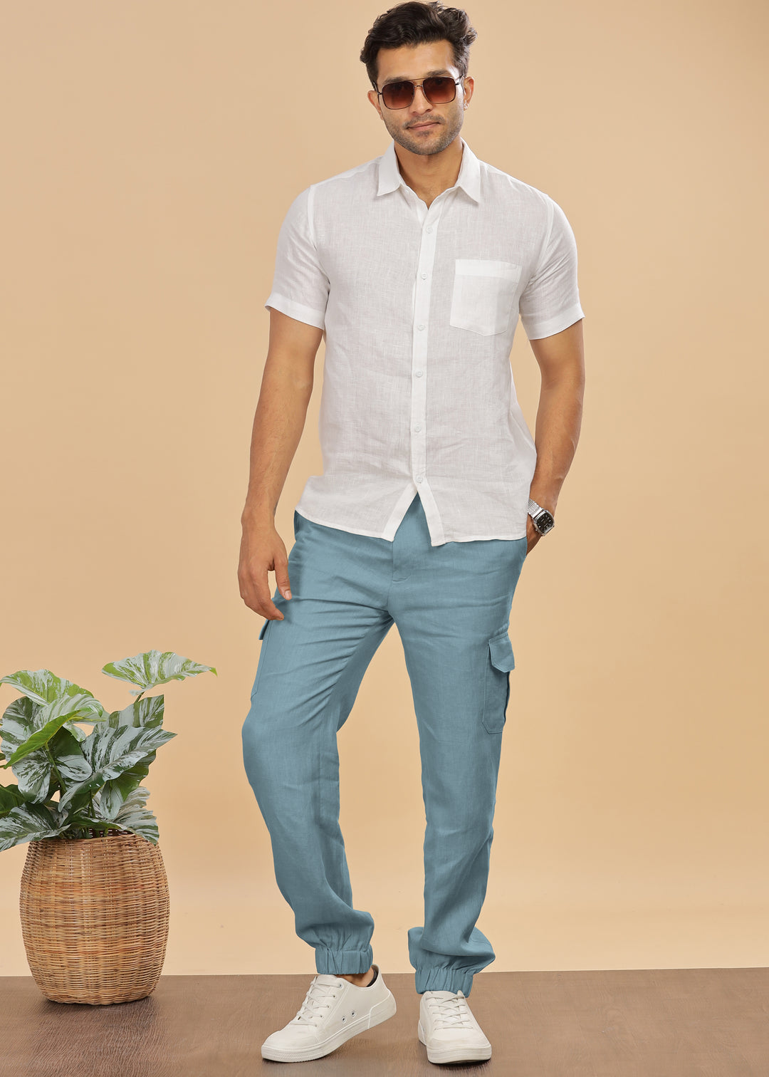 Finn - Linen Joggers - Light Blue Grey