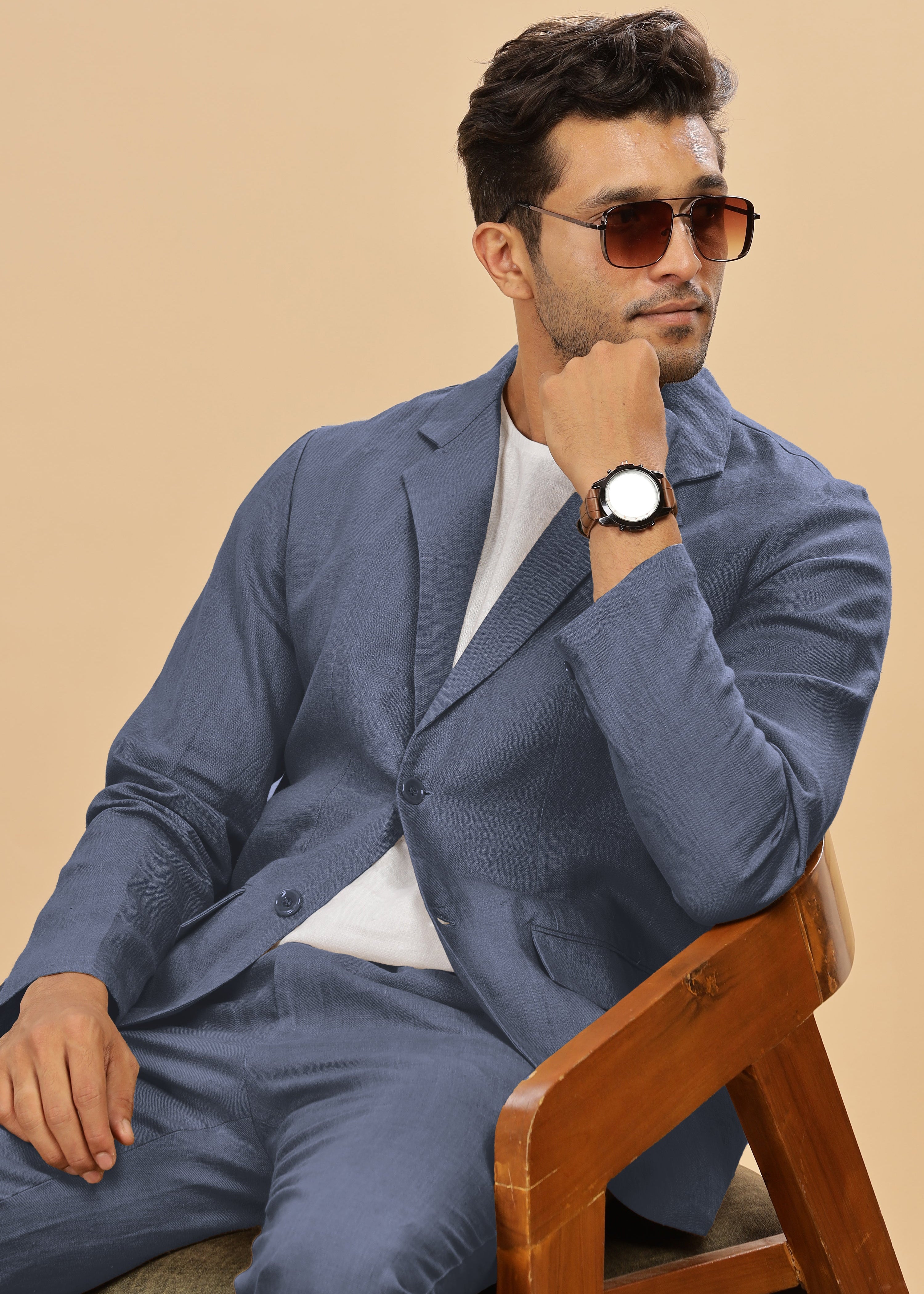 Dark Blue Grey Pure Linen Deconstructed Jacket for Men Dark Blue Grey Pure Linen Deconstructed Jacket for Men