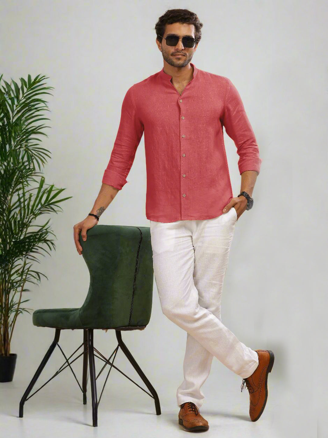 Craig - Pure Linen V Neck Full Sleeve Shirt - Coral Peach