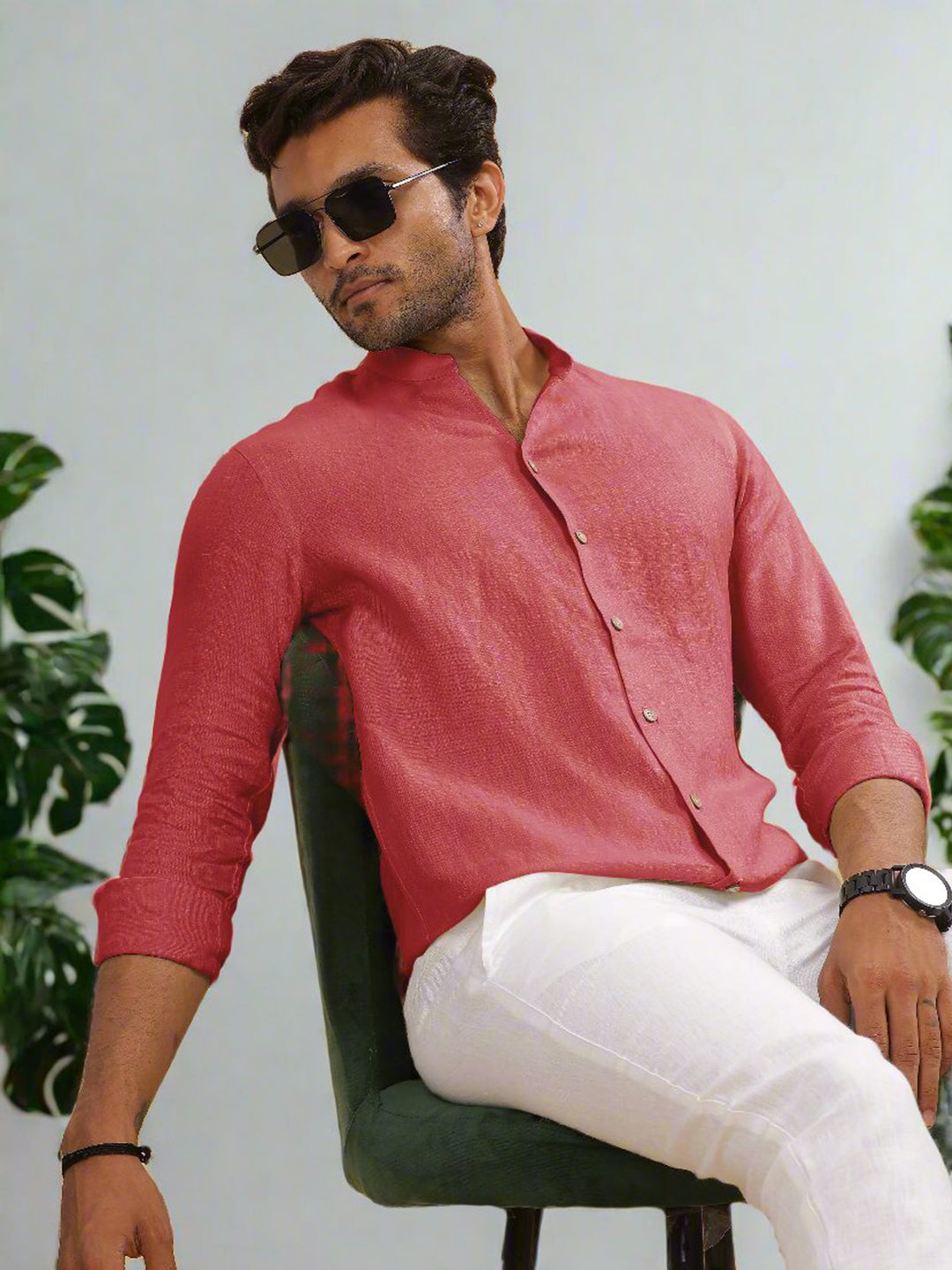 Craig - Pure Linen V Neck Full Sleeve Shirt - Coral Peach