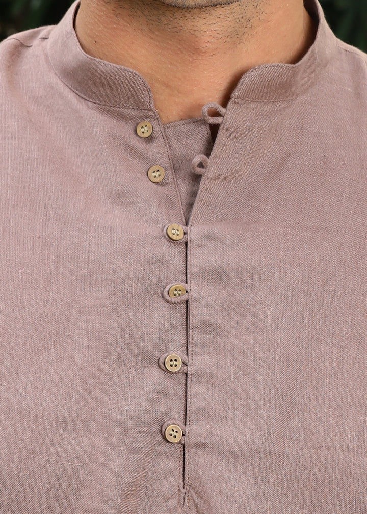 Shurta - Pure Linen Full Sleeve Short Kurta Shirt - Toasted Brown