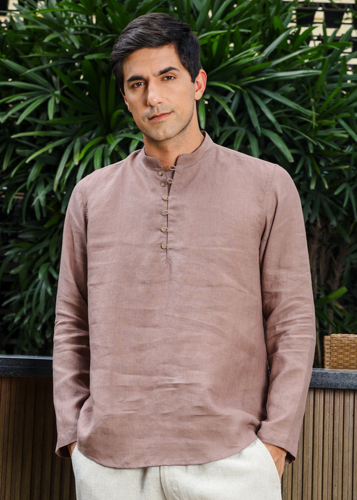 Shurta - Pure Linen Full Sleeve Short Kurta Shirt - Toasted Brown