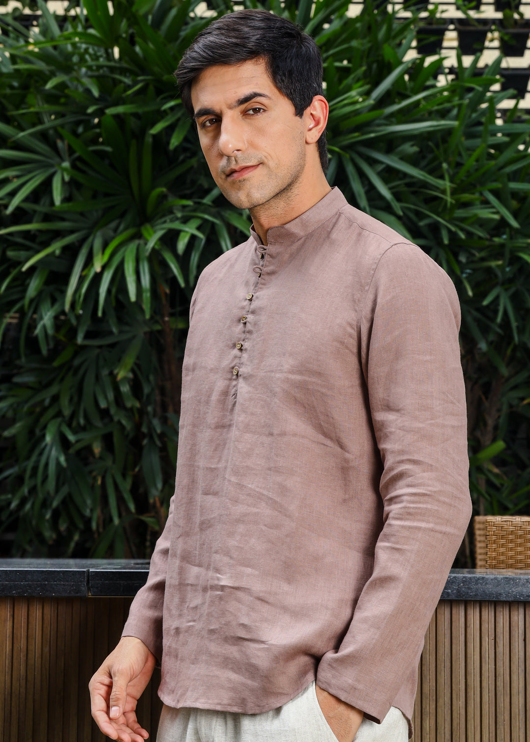 Shurta - Pure Linen Full Sleeve Short Kurta Shirt - Toasted Brown