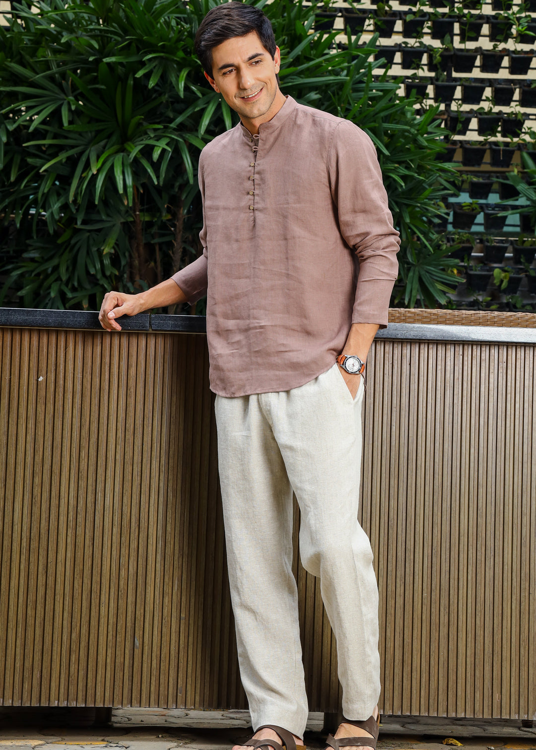 Shurta - Pure Linen Full Sleeve Short Kurta Shirt - Toasted Brown