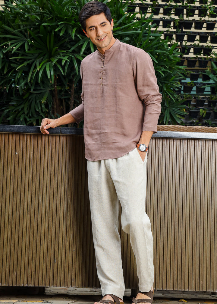 Shurta - Pure Linen Full Sleeve Short Kurta Shirt - Toasted Brown