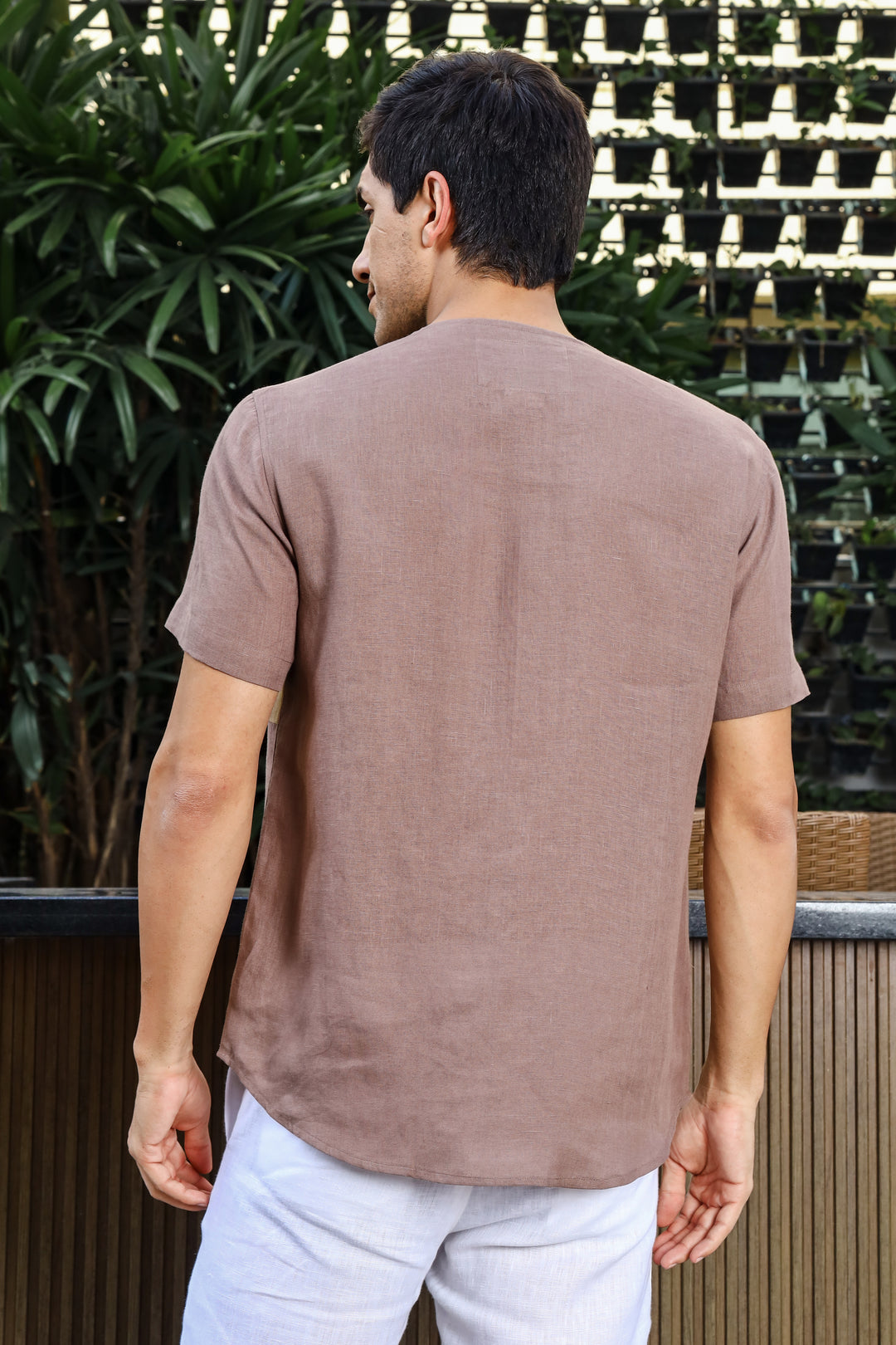 Zach - Double Colour Block Linen Short Sleeve T-Shirt - Toasted Brown & Oakwood Brown