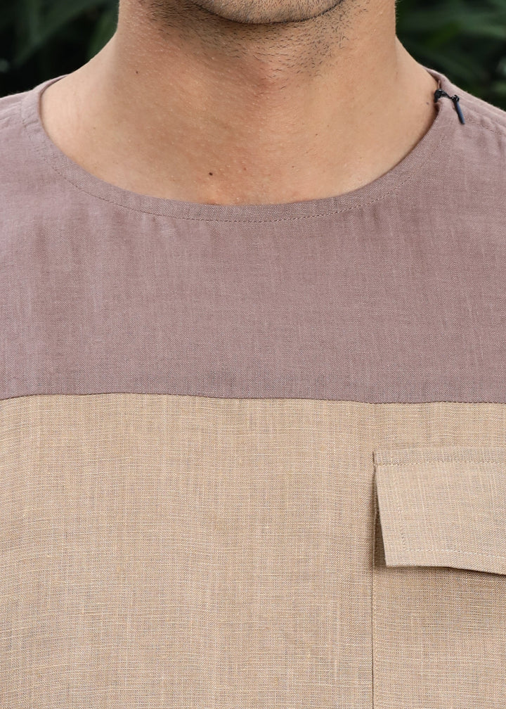 Zach - Double Colour Block Linen Short Sleeve T-Shirt - Toasted Brown & Oakwood Brown