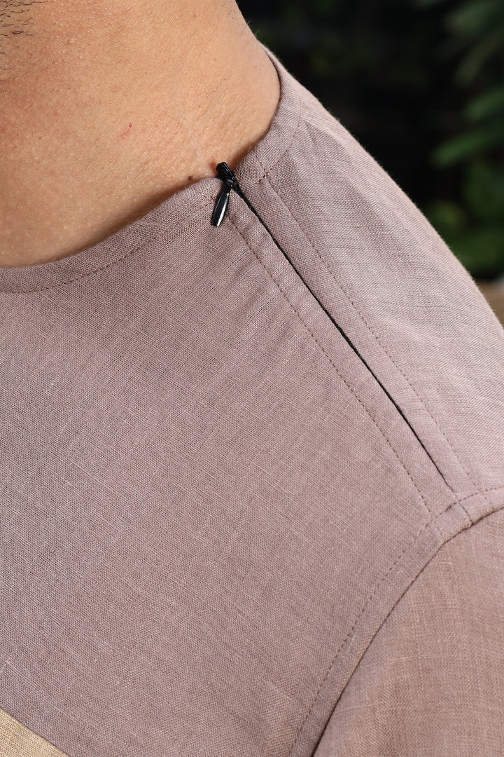 Zach - Double Colour Block Linen Short Sleeve T-Shirt - Toasted Brown & Oakwood Brown