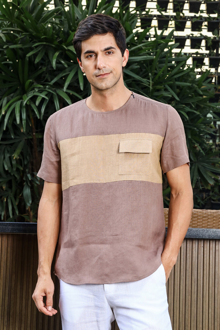 Zach - Double Colour Block Linen Short Sleeve T-Shirt - Toasted Brown & Oakwood Brown