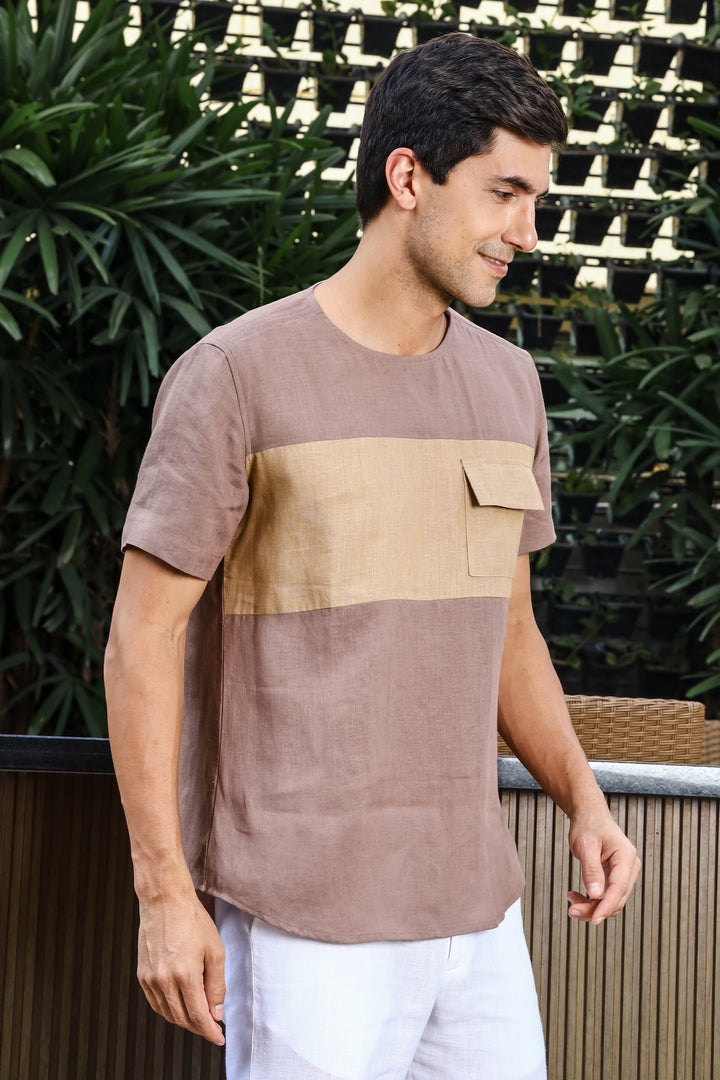 Zach - Double Colour Block Linen Short Sleeve T-Shirt - Toasted Brown & Oakwood Brown