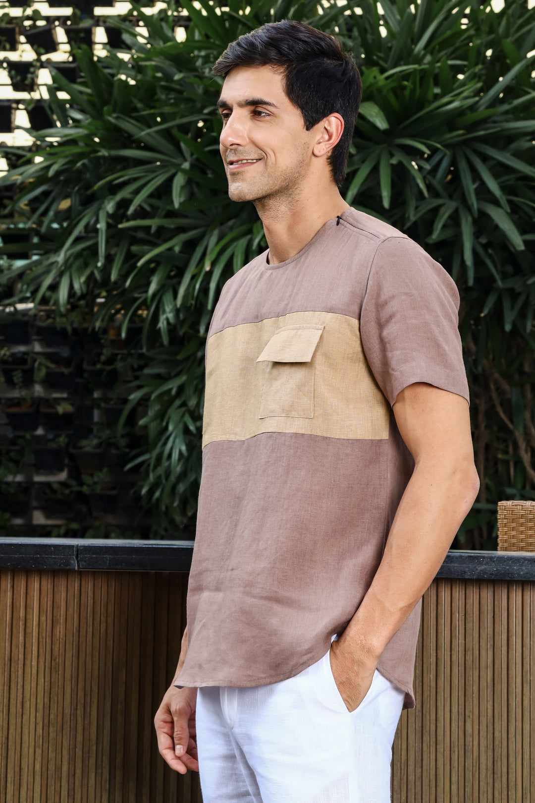 Zach - Double Colour Block Linen Short Sleeve T-Shirt - Toasted Brown & Oakwood Brown