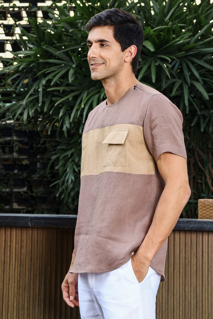 Zach - Double Colour Block Linen Short Sleeve T-Shirt - Toasted Brown & Oakwood Brown