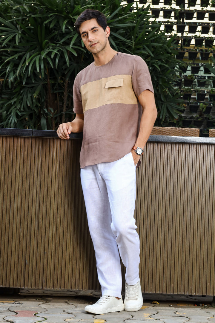 Zach - Double Colour Block Linen Short Sleeve T-Shirt - Toasted Brown & Oakwood Brown