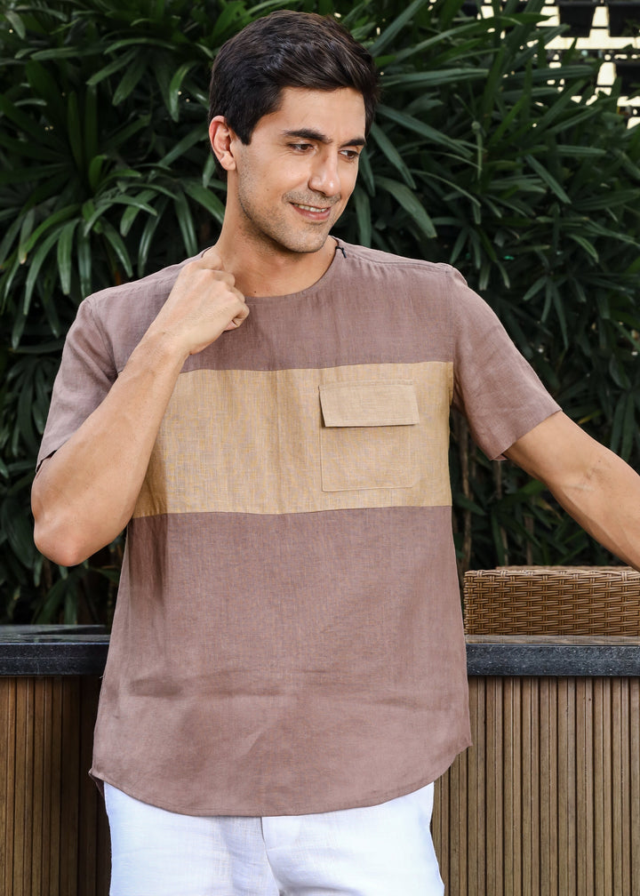 Zach - Double Colour Block Linen Short Sleeve T-Shirt - Toasted Brown & Oakwood Brown