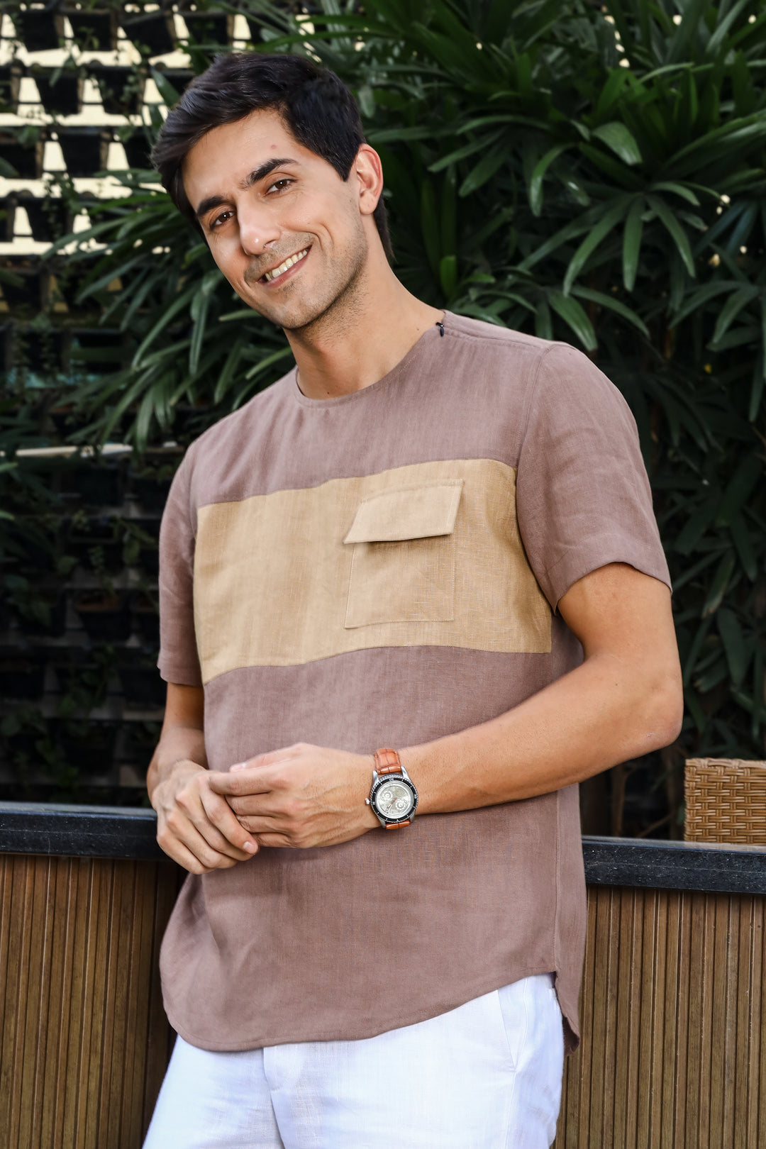 Zach - Double Colour Block Linen Short Sleeve T-Shirt - Toasted Brown & Oakwood Brown