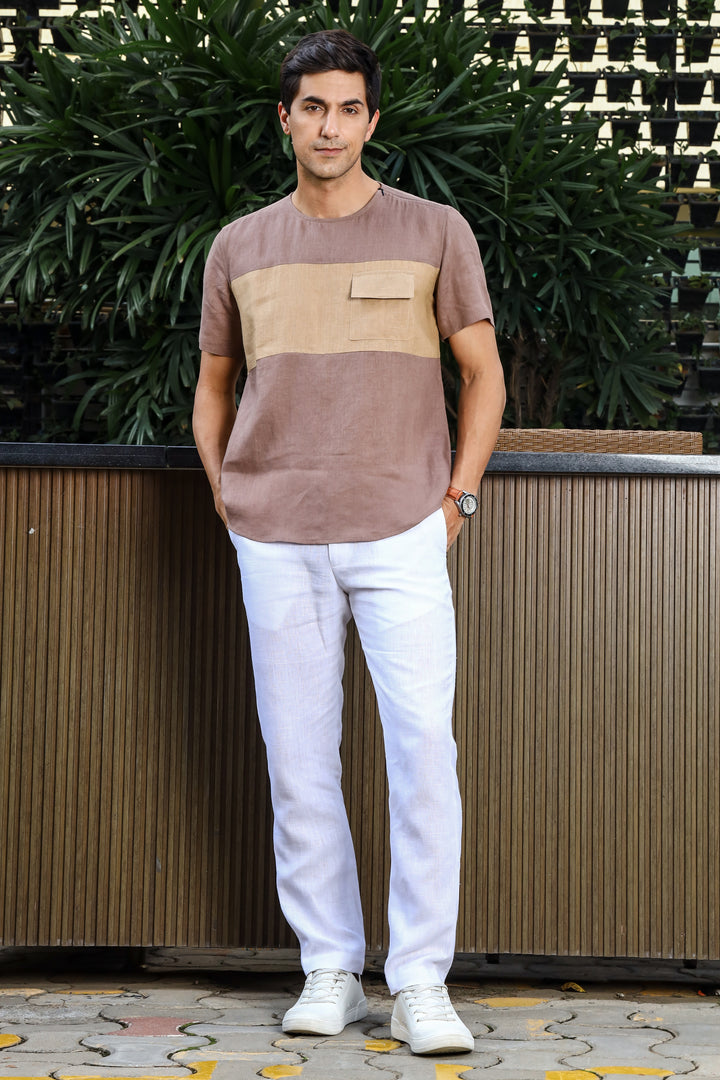 Zach - Double Colour Block Linen Short Sleeve T-Shirt - Toasted Brown & Oakwood Brown