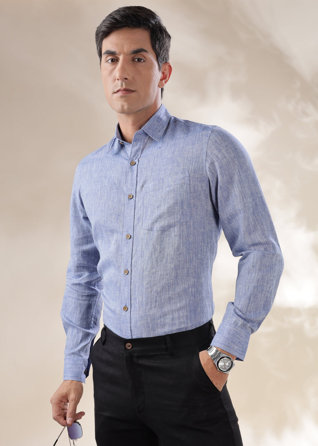 Harvey - Pure Linen Full Sleeve Shirt - Indigo Chambray