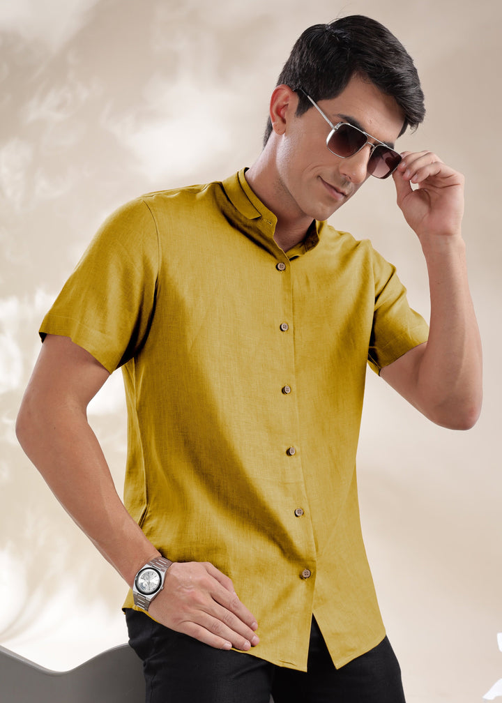 Kael - Pure Linen Stylized Mandarin Collar Half Sleeve Shirt - Sunburst Yellow