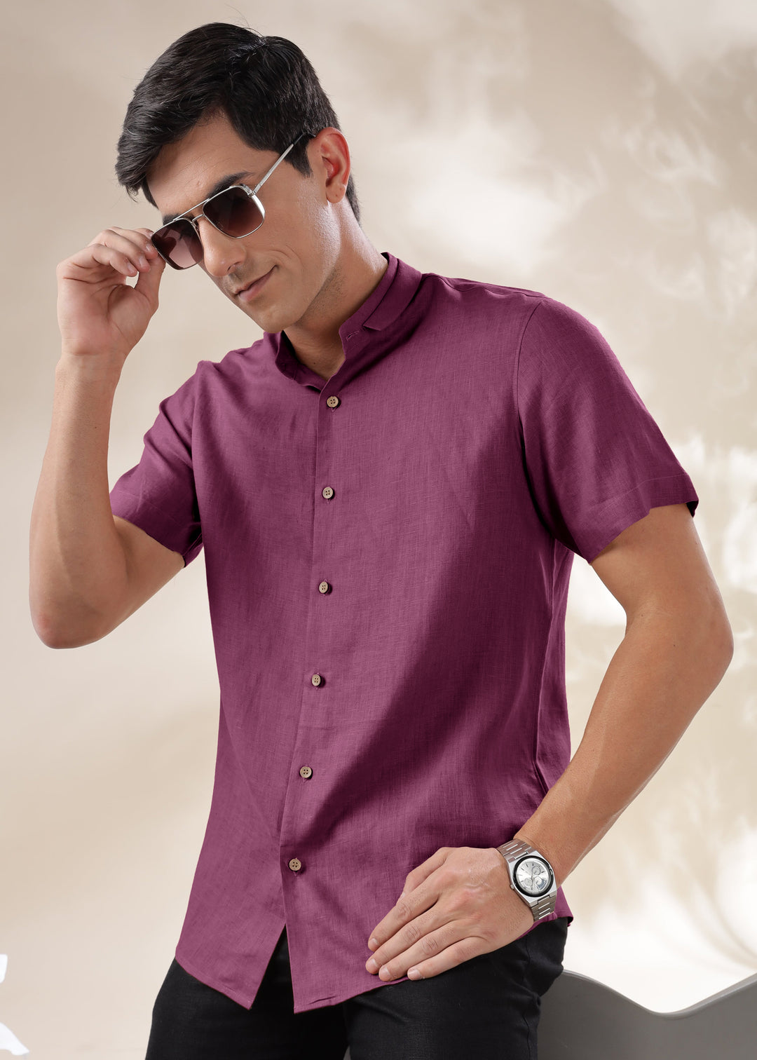 Kael - Pure Linen Stylized Mandarin Collar Half Sleeve Shirt - Twilight Purple