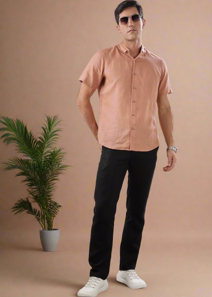 Kael - Pure Linen Stylized Mandarin Collar Half Sleeve Shirt - Fondue Pink