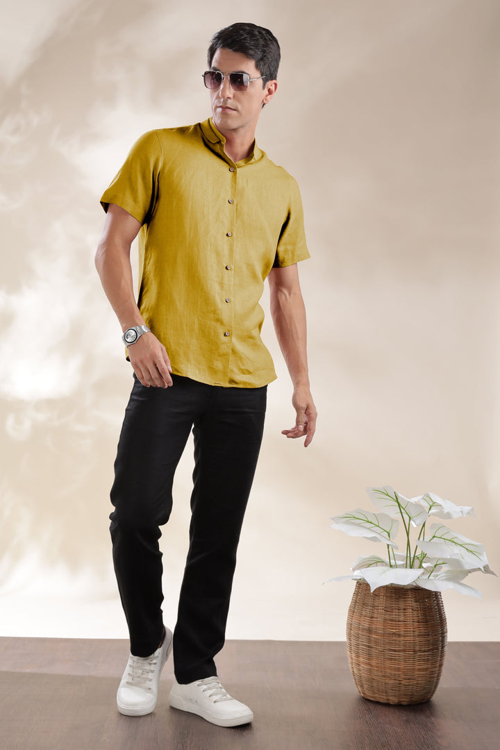 Kael - Pure Linen Stylized Mandarin Collar Half Sleeve Shirt - Sunburst Yellow