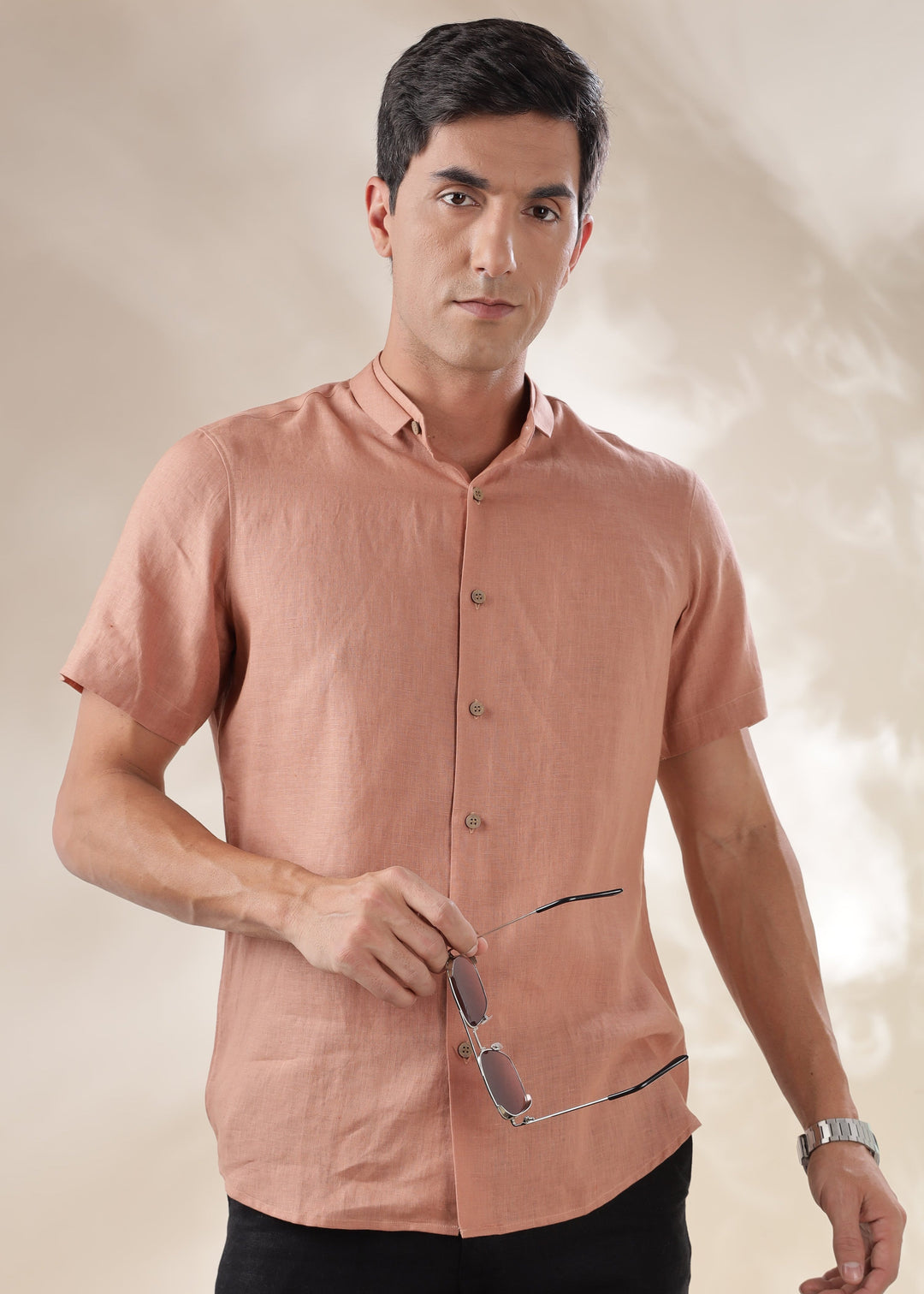 Kael - Pure Linen Stylized Mandarin Collar Half Sleeve Shirt - Fondue Pink