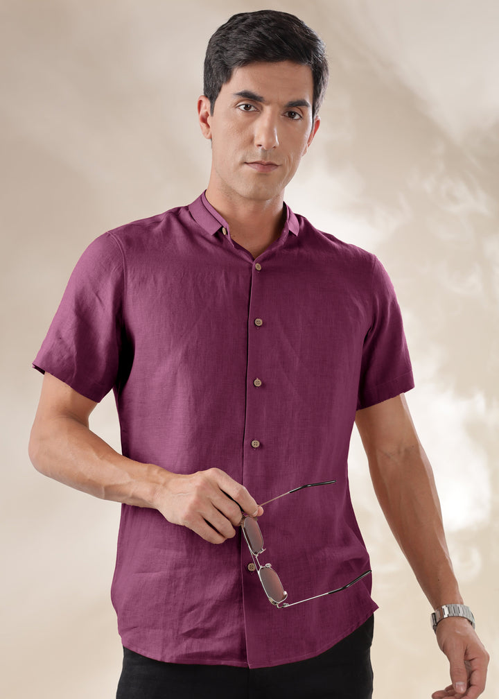 Kael - Pure Linen Stylized Mandarin Collar Half Sleeve Shirt - Twilight Purple