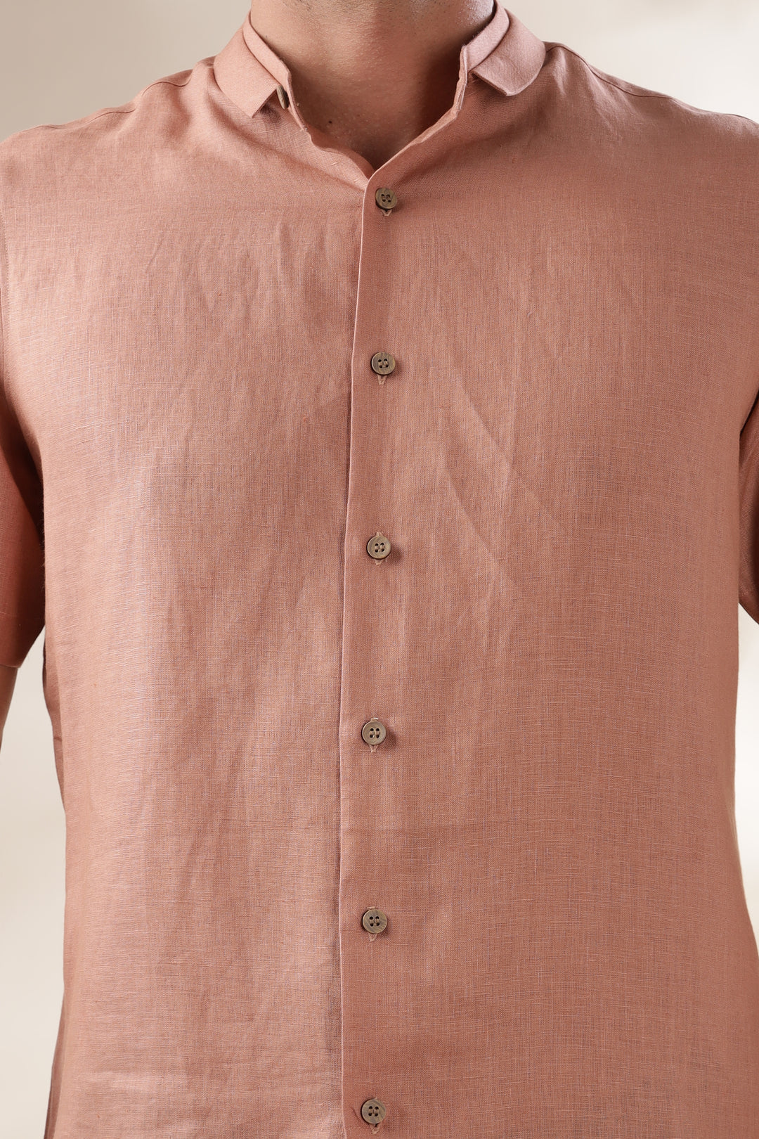 Kael - Pure Linen Stylized Mandarin Collar Half Sleeve Shirt - Fondue Pink