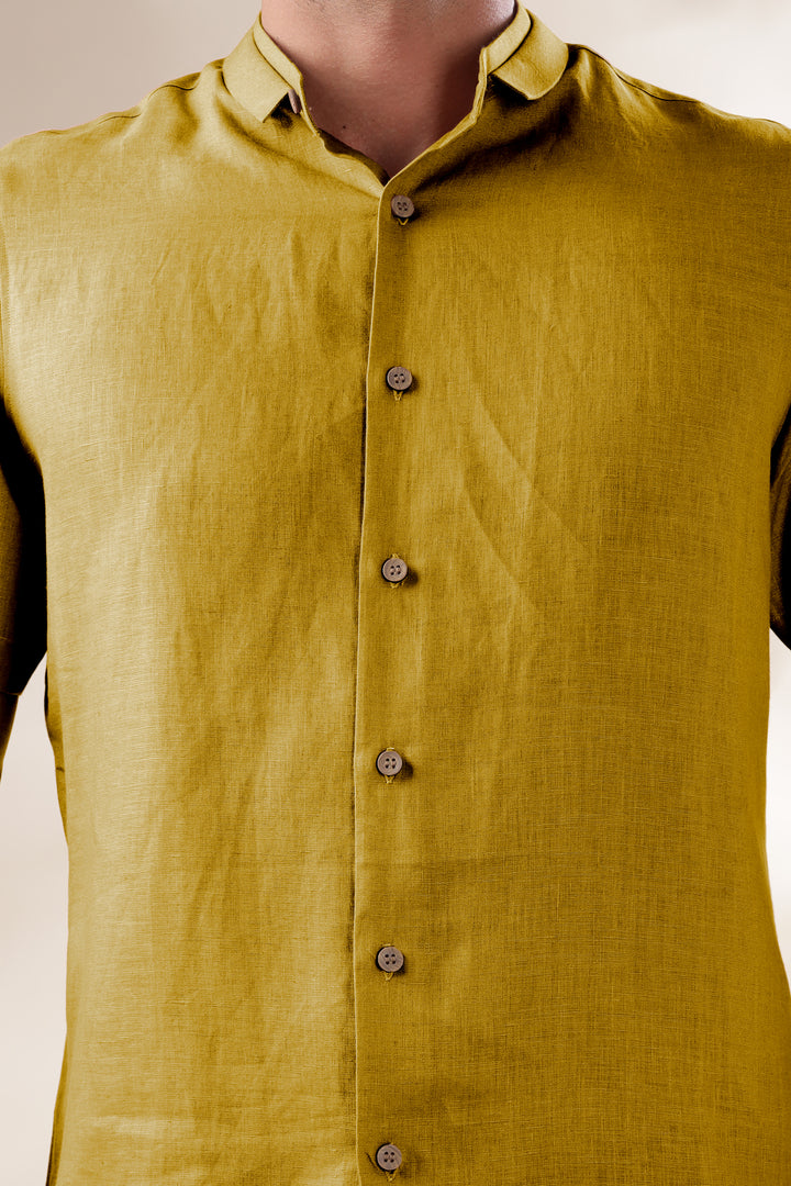 Kael - Pure Linen Stylized Mandarin Collar Half Sleeve Shirt - Sunburst Yellow