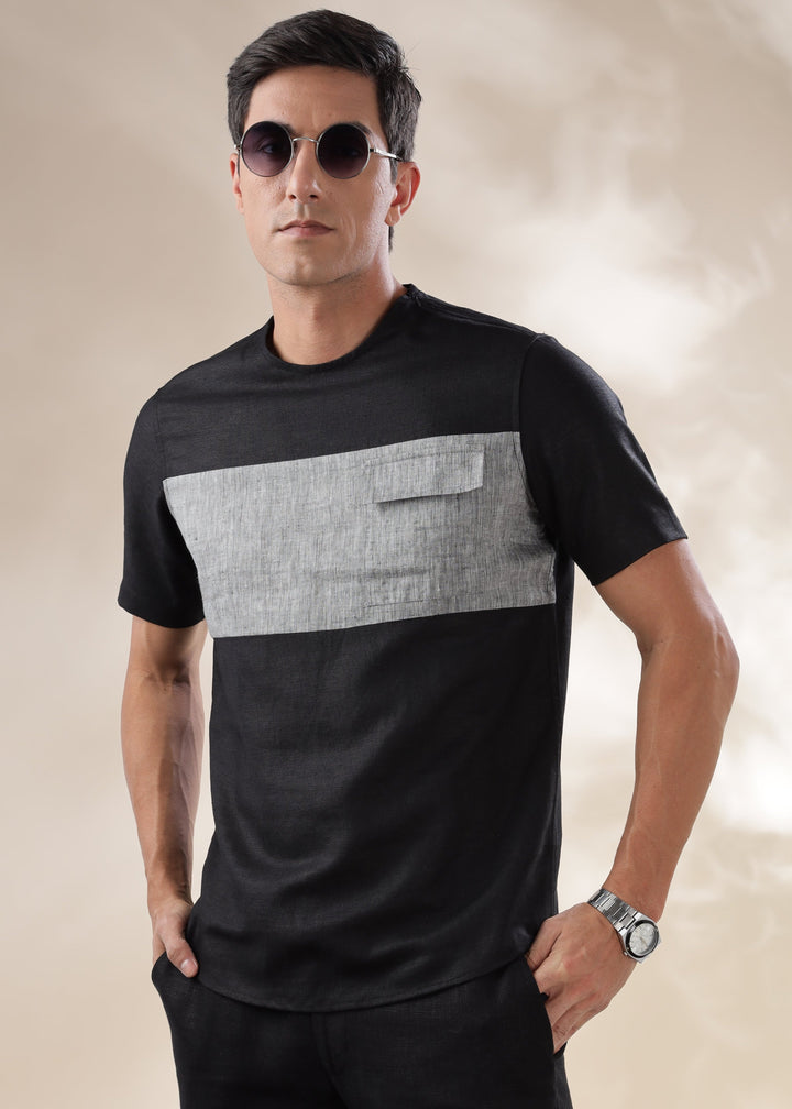 Zach - Double Colour Block Linen Short Sleeve T-Shirt - Black & Grey Black Chambray