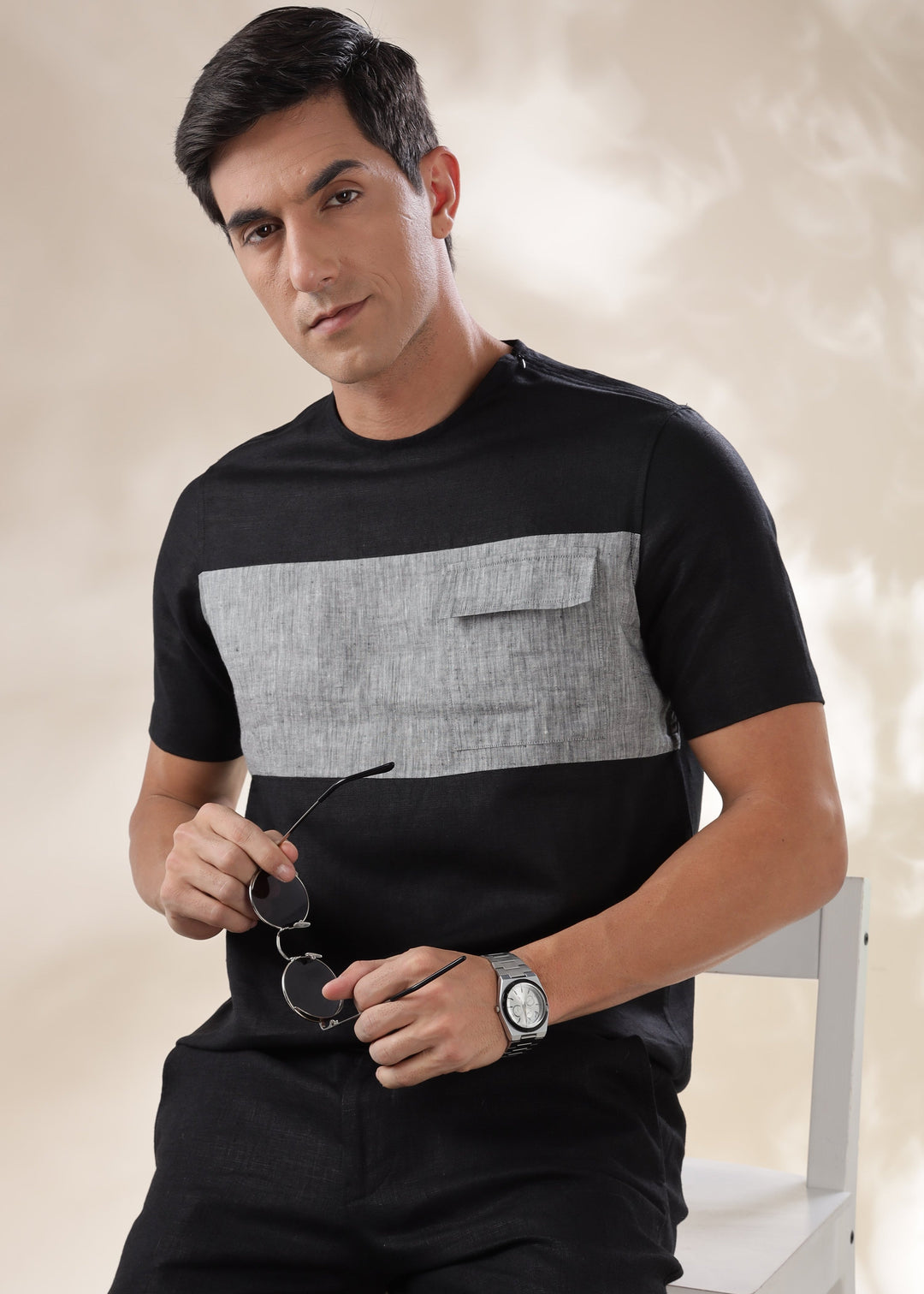 Zach - Double Colour Block Linen Short Sleeve T-Shirt - Black & Grey Black Chambray