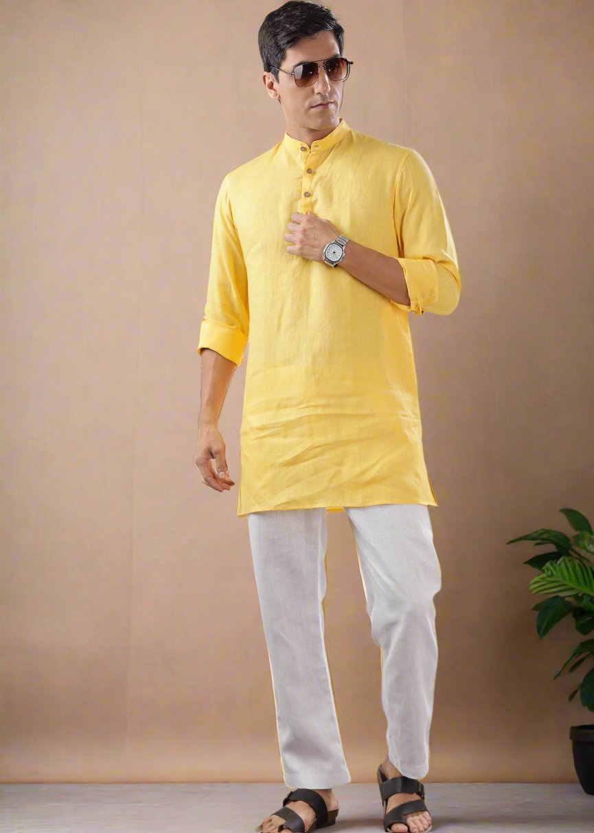 Parker - Full Sleeve Mandarin Collar Pure Linen Short Kurta - Citrus Yellow