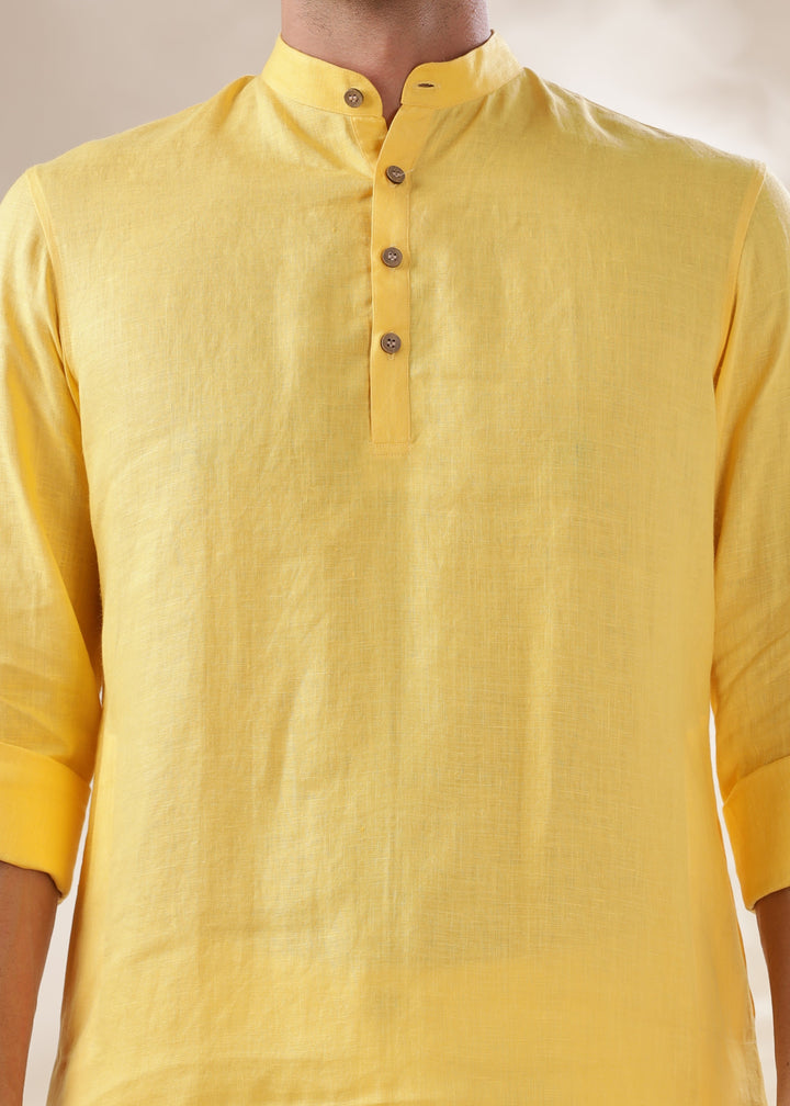 Parker - Full Sleeve Mandarin Collar Pure Linen Short Kurta - Citrus Yellow